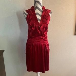 Red Silk Sleeveless Ruffled Dress w/Gold Accent S